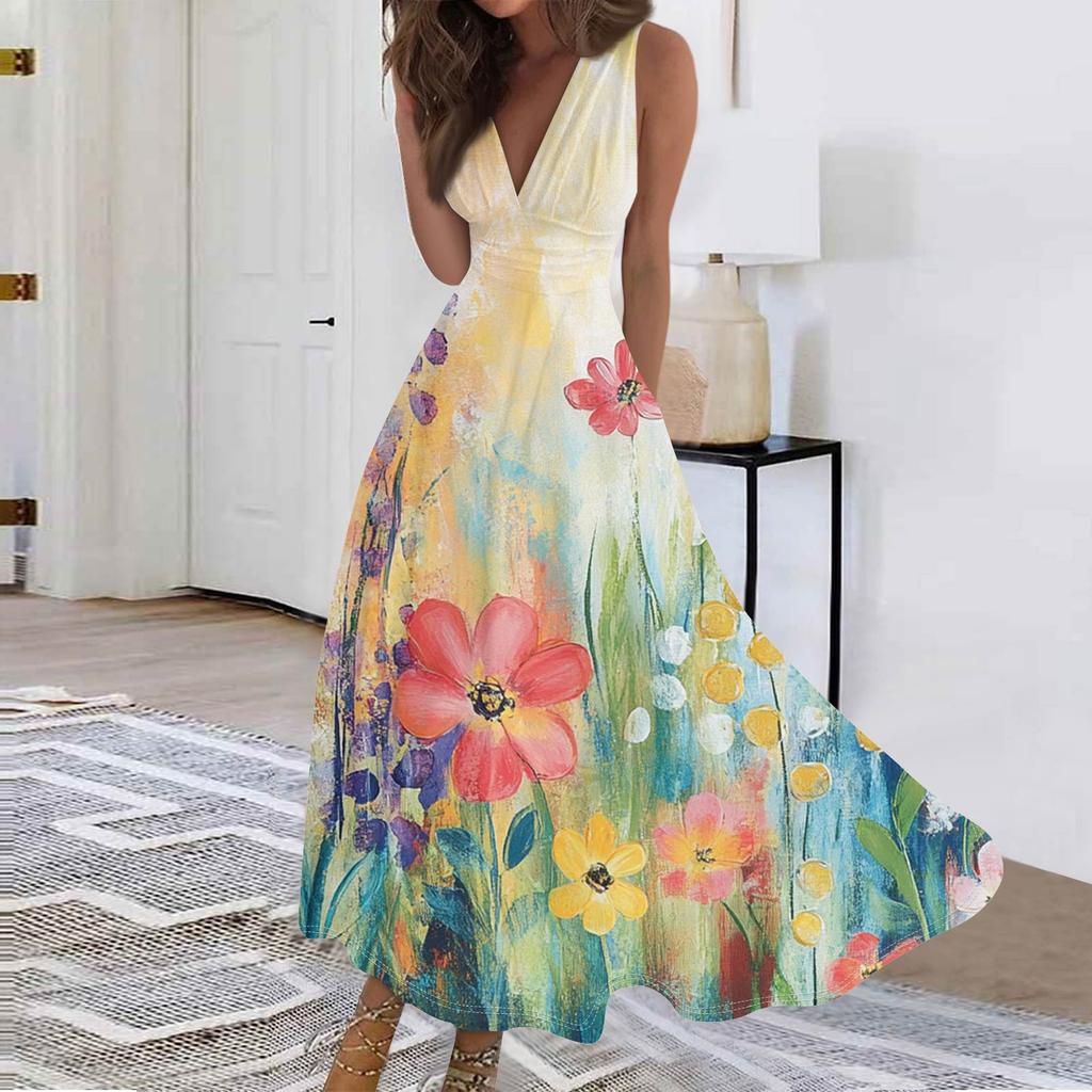 Mote dame avslappet løs V-hals ermeløs trykt kjole