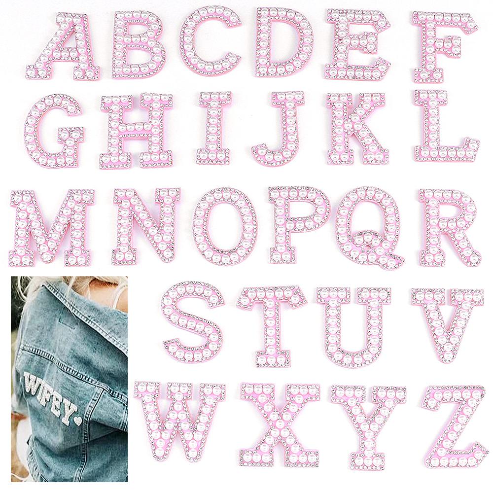 26pcs A-Z Glitter Pearls Rhinestone Letter Patches Repair Embroidered Sew On Appliques, Patches for DIY Clothes Bags Hats