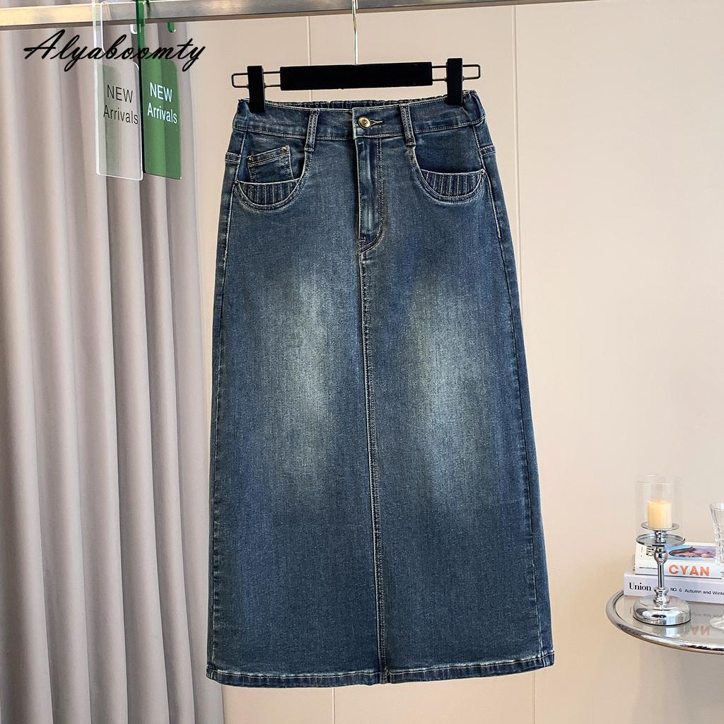 Korean Fashion Autumn Spring Women Plus Size Midi Denim Skirt Elastic Waist Washed Cotton Stretchy Split Skirt Vintage Feminine A-Line Skirt