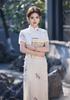1011 spring and summer new models, jacquard side buckle medium and long cheongsam high-end plain and elegant beige short-sleeved long cheongsam in