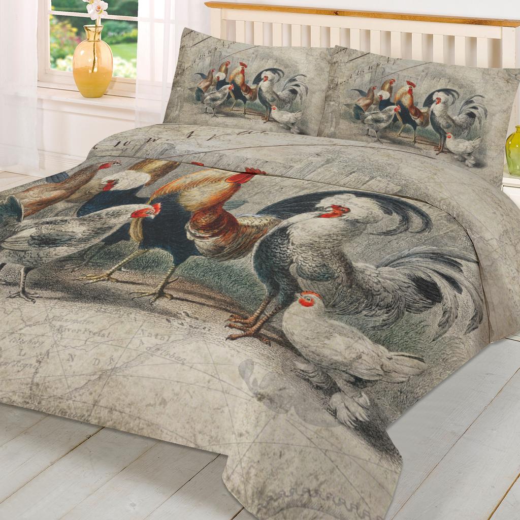 Funda de edredón con funda de almohada de gallo de granja y pollo, ilustración retro, juego de ropa de cama personalizado de 3 piezas, funda de edredón, cama doble, textil para el hogar