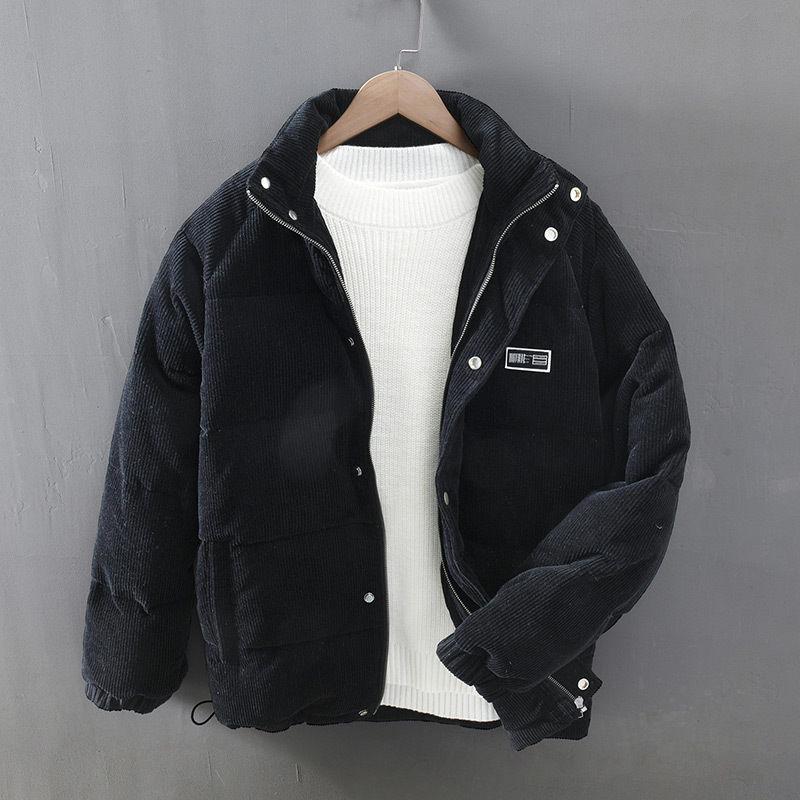 Men's Winter Corduroy Down Jacket - Retro Japanese Style, Thick, Warm, Solid Color, Short Silhouette.