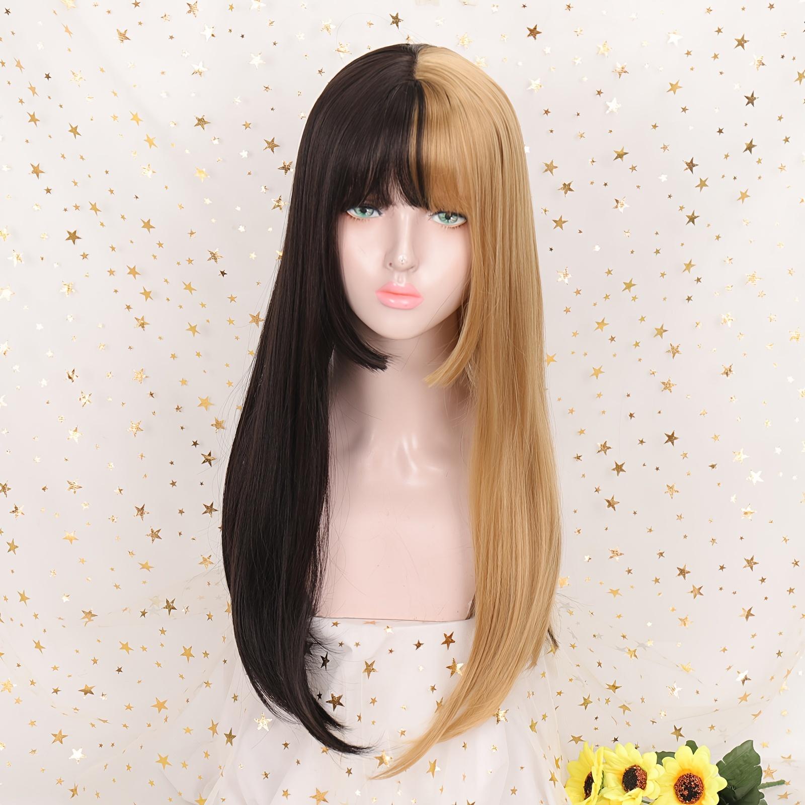 

Длинный прямой двухцветный парик из синтетических волос для ролевого головного убора, используемый для украшения Хэллоуина, Дня Благодарения, Рождества. 24inch