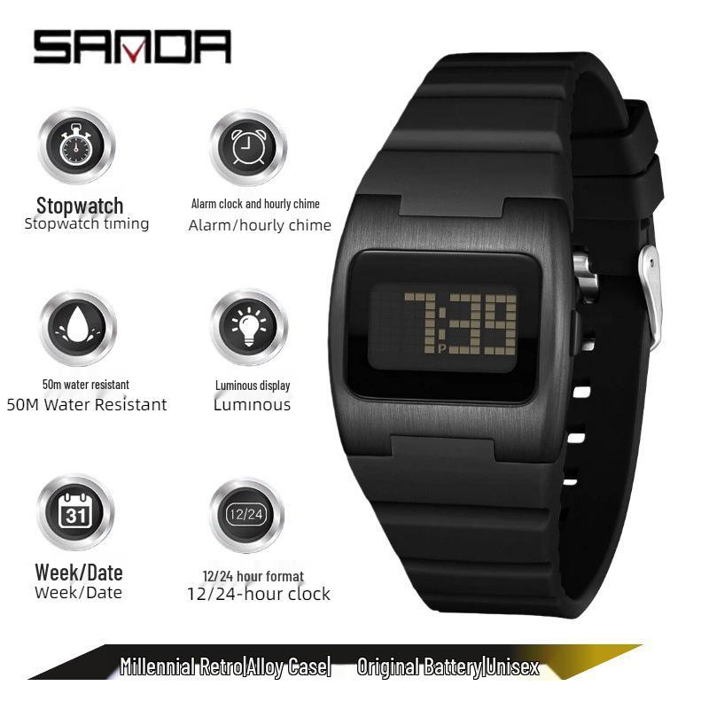 Sanda Retro Y2K Waterproof Square Wristwatch with Alarm - Unisex Multifunctional Design