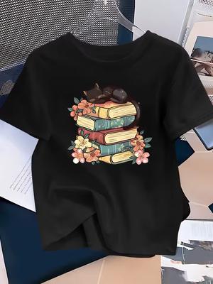 Women's Casual Elegant Black Cat Stacked Book Print T-shirt Round Neck Short Sleeve Retro Style Spring and Summer Cat T-shirt
