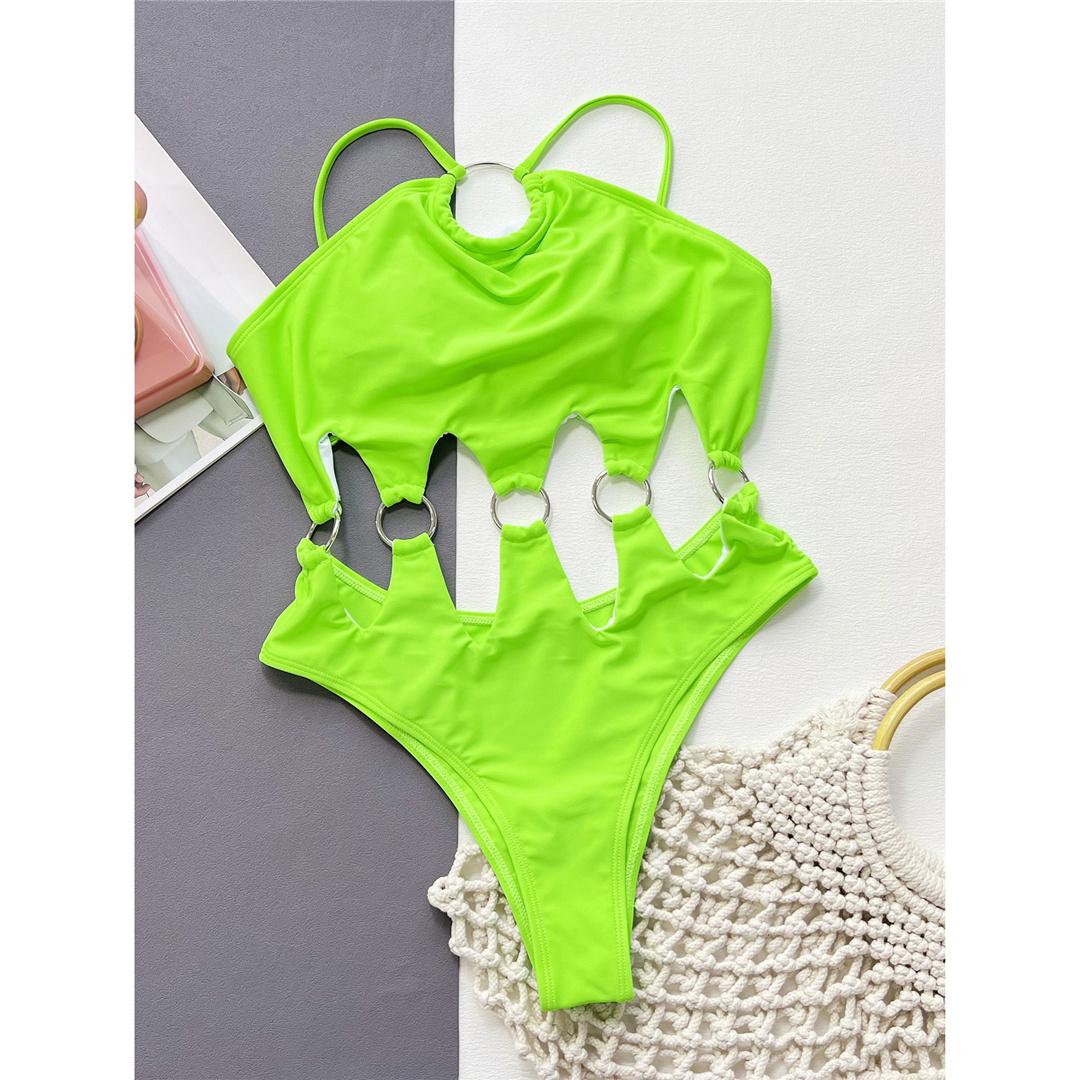 

Металлические кольца с вырезами на спине, женский купальник, цельный купальник, женский купальник с высокими штанинами и мягкой подкладкой, купальный костюм, купальный костюм для леди S зелёный