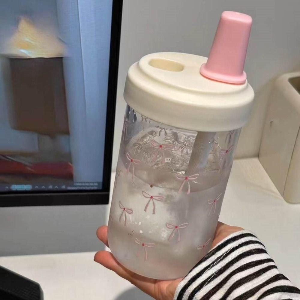 500ml Water Bottle Bowknot Cup With Lid Straw Cute Plastic Cups  Bubble Tea Coffee
