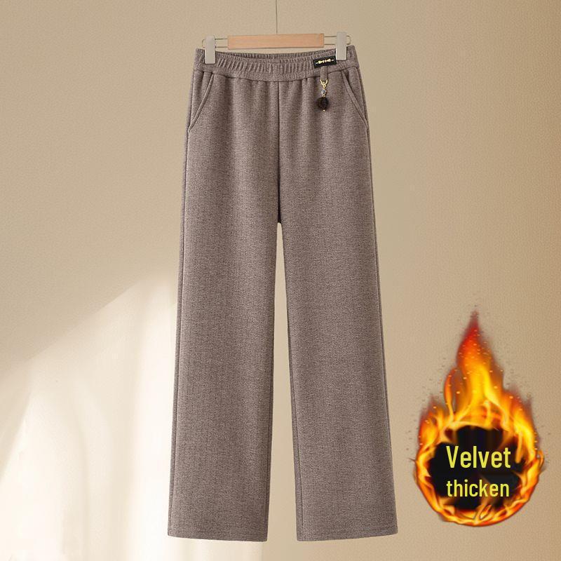 Fleece-Lined Elastic Waist High-Waist Casual Loose Fit Straight-Leg Pants for Middle-Aged and Elderly Women—Ideal for Autumn/Winter.
