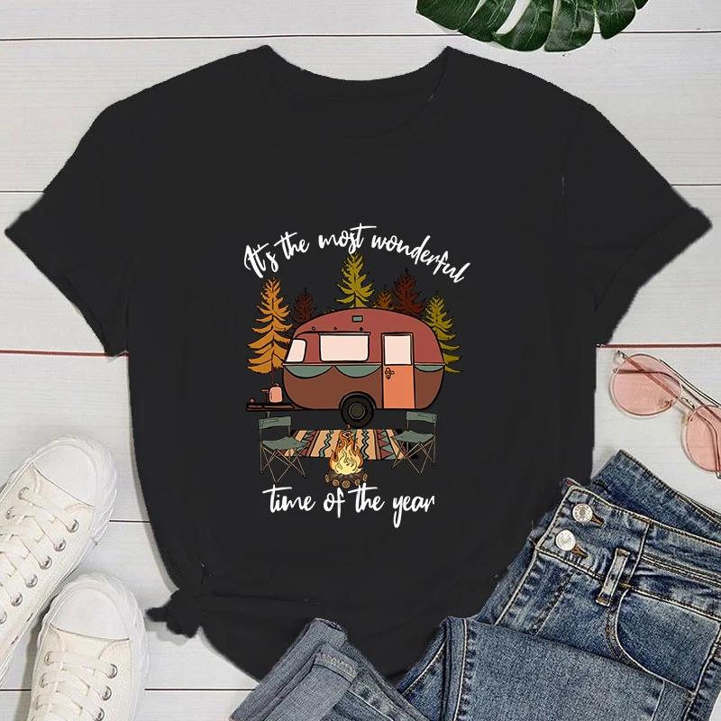 (Premium T-shirt)Funny Camping It'S The Most Wonderful Time Of The Year Print T-Shirts For Women Summer Round Neck Tee Shirt