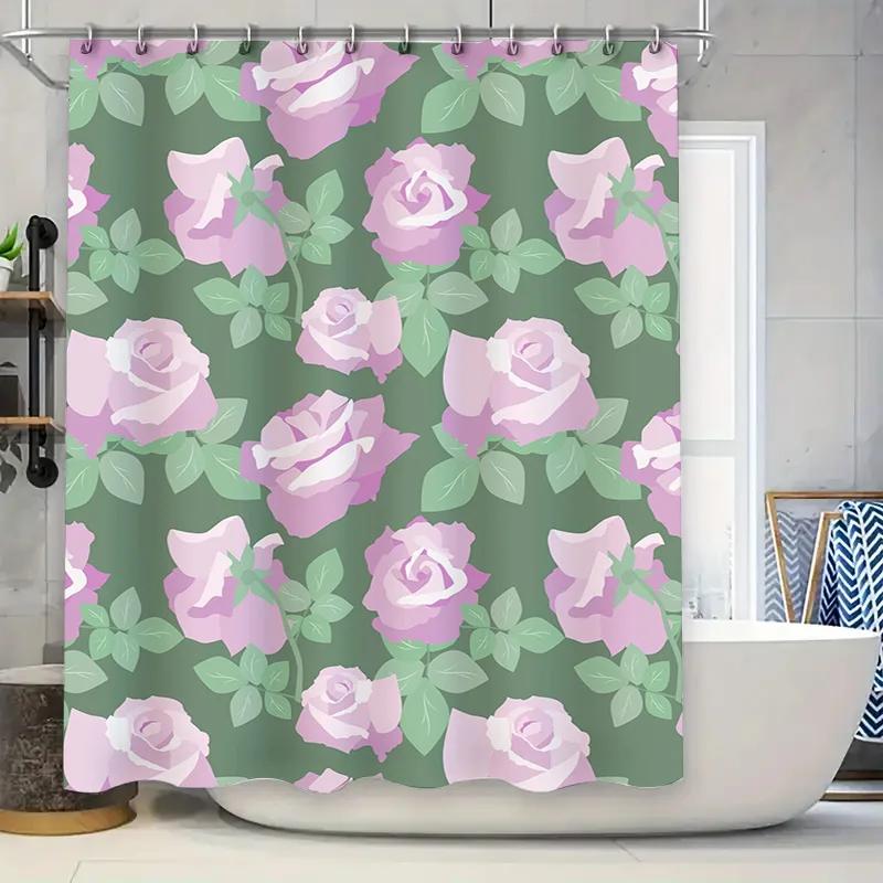 Luxury Rose Print Shower Curtain Waterproof Home Decor Bathroom Accessories Pink Purple Floral Pattern Green Pastel Colors 72 x