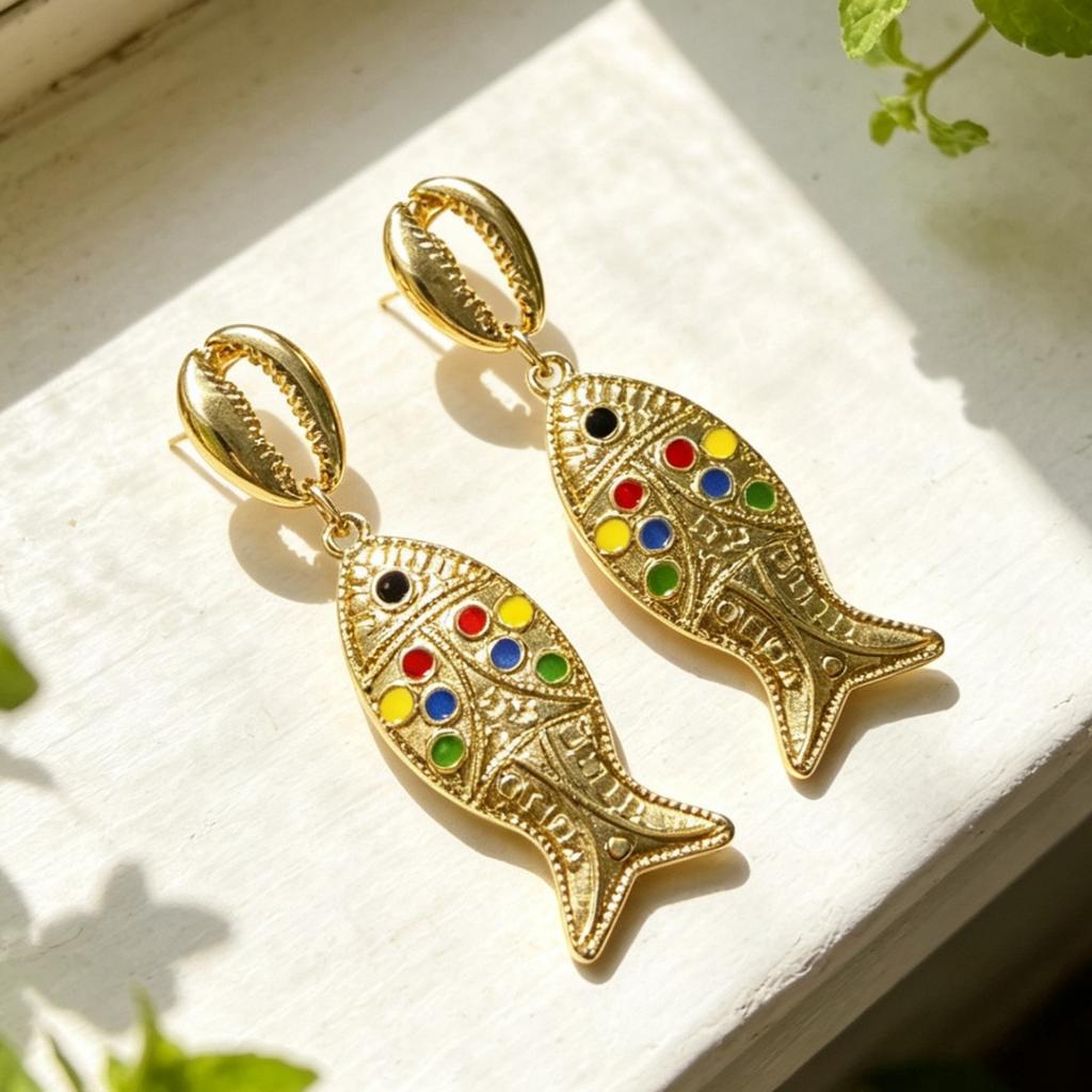 Ethnic Nepalese Style Small Fish Pendant Color Oil Dripping Goldfish Earrings for Women