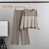 2 Teile/satz Damen Top Hosen Set Streifendruck Rundhals Langarm Sweatshirt Elastische Taille Weites Bein Jogginghose Sport Outfit Herbst Lässiger Trainingsanzug