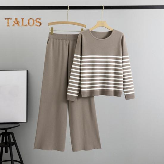 2 Teile/satz Damen Top Hosen Set Streifendruck Rundhals Langarm Sweatshirt Elastische Taille Weites Bein Jogginghose Sport Outfit Herbst Lässiger Trainingsanzug