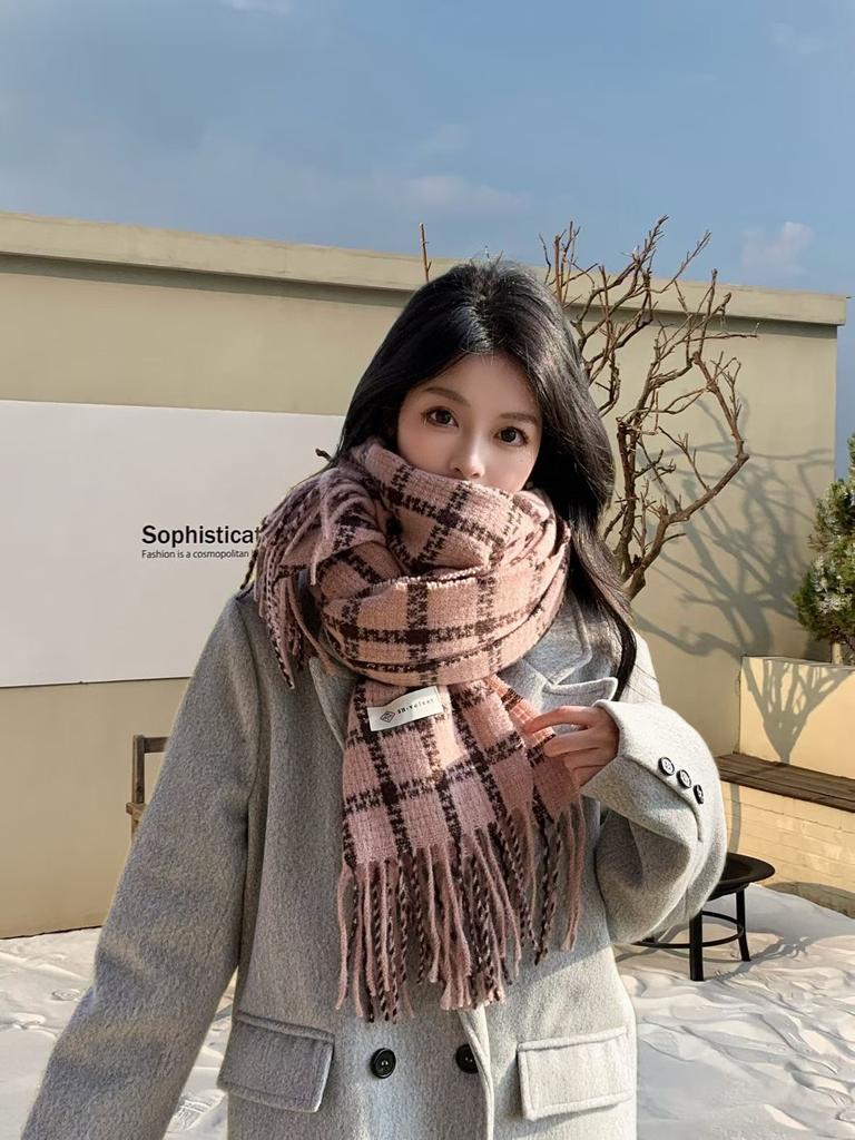 Korean retro plaid scarf women's plaid imitation cashmere warm fringed shawl autumn and winter college style versatile scarf