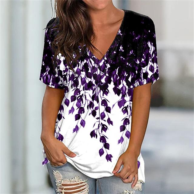 

Женские футболки, модные топы с v-образным вырезом и короткими рукавами с цветочным принтом, футболки, повседневные кофты на каждый день, женская футболка, свободная одежда Y2k 8XL