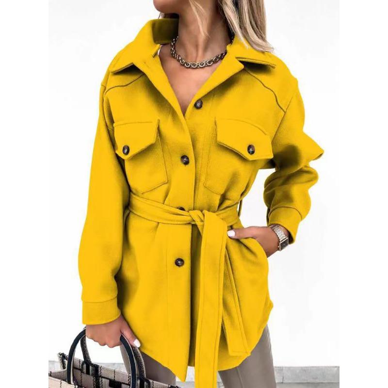 Autumn Winter Long Sleeved Cardigan Women Coats Plus Size Solid Color Casual Loose Simple Lapel Button Woolen Jackets Pockets Lace-up Women's Clothing