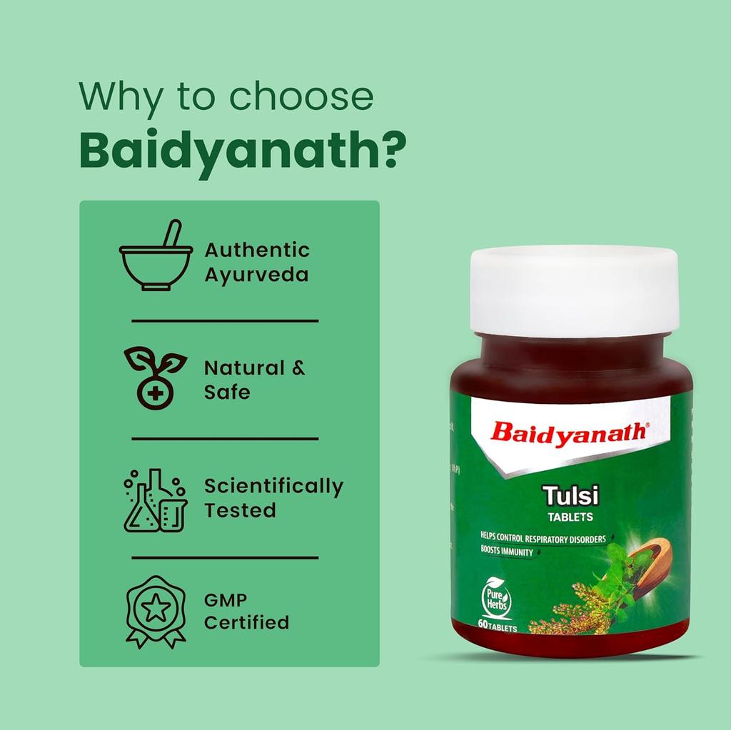 Baidyanath Tulsi Tablets 60 Tabs (Pack of 3) | Ayurvedic Immunity Support & Respiratory Health Booster | Helps Relieve Cough, And Stress Naturally