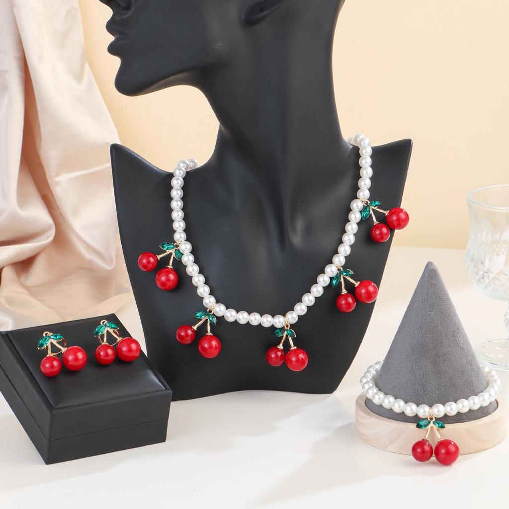 Sweet Cherry Necklace And Earring Set For Women Cute Fruit Jewelry Summer Accessories