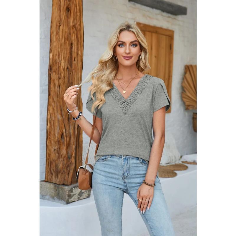 Women V Neck Pullover Petal Short Sleeves T-Shirt Summer Comfortable Casual Solid Color Loose Tops Female Elegant Commuter Tees