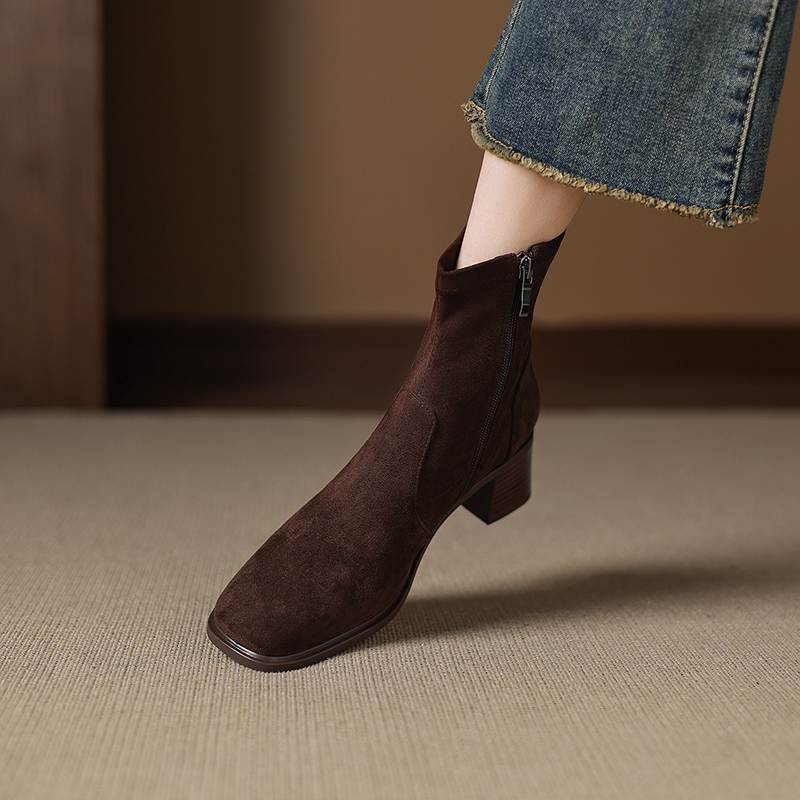 Krazing Pot Flock Round Toe Thick Heels Chelsea Boots Size 42 Zip Women Concise Style Elastic Ankle Boots