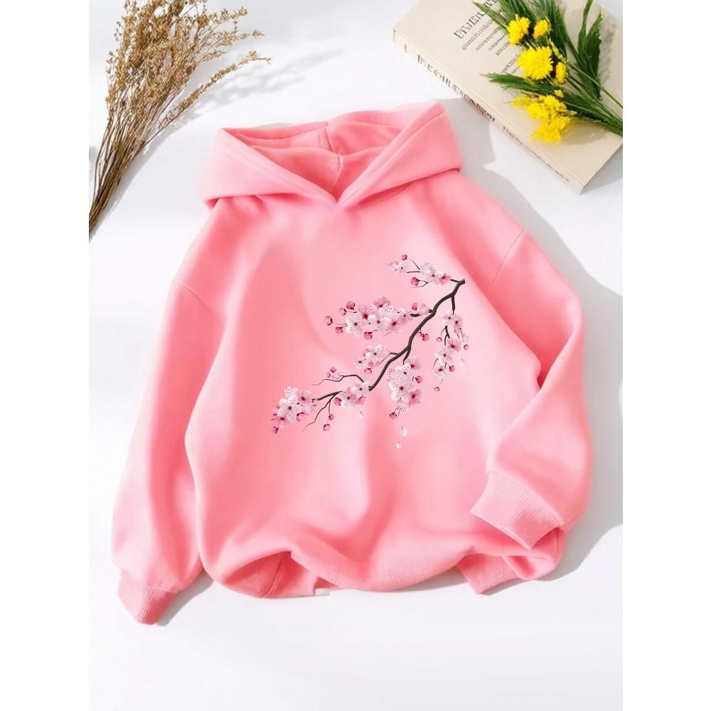 Plum Blossom Flower Branch Printing Casual and Comfortable Hooded Sweater Elegant Style Children's Long-sleeved Pullover