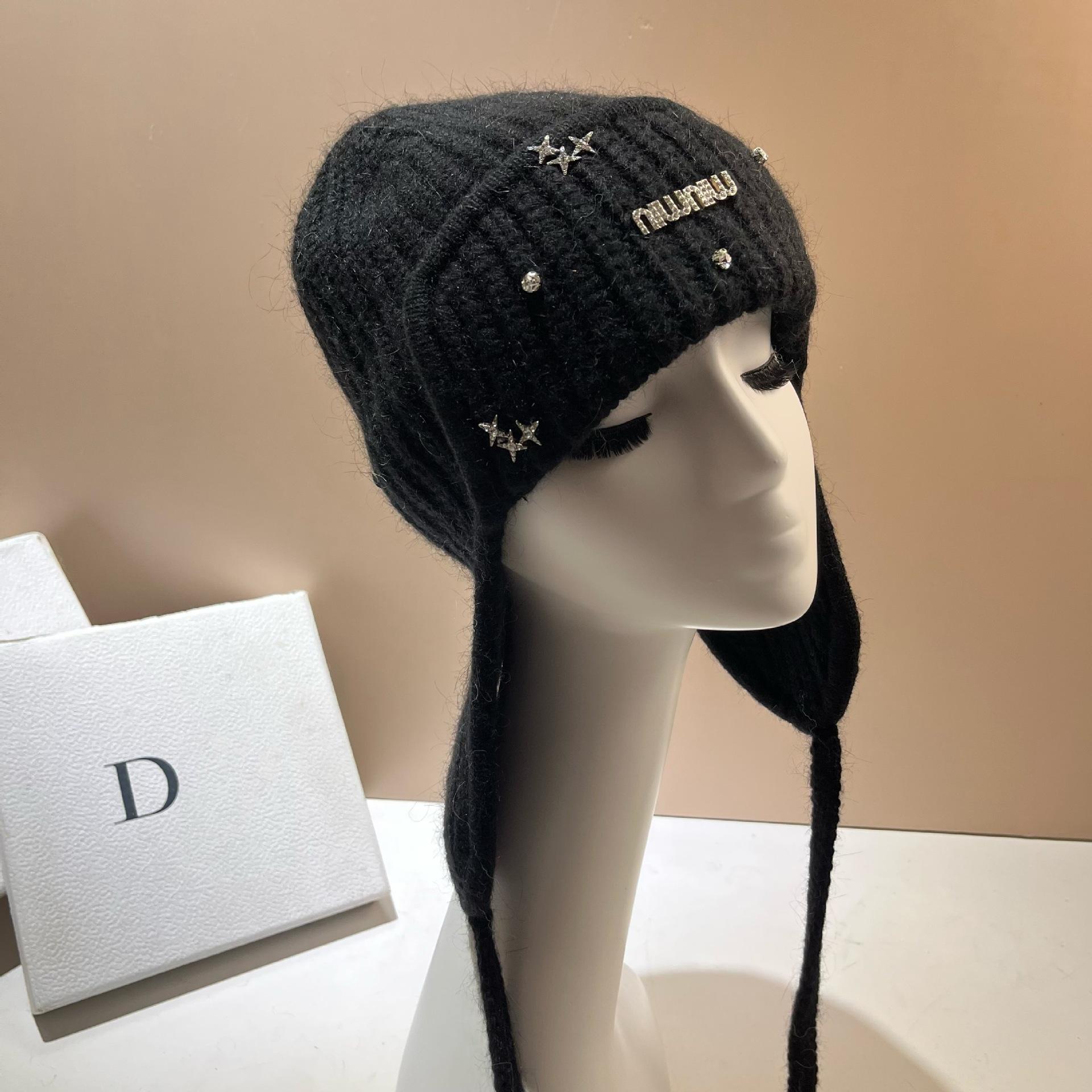 

Northern Cold Winter Fleece Thickened Warm Rabbit Hair Ear Protection Hat Min Rhinestone Sweet Windproof Knitted Hat one size fits all чорний
