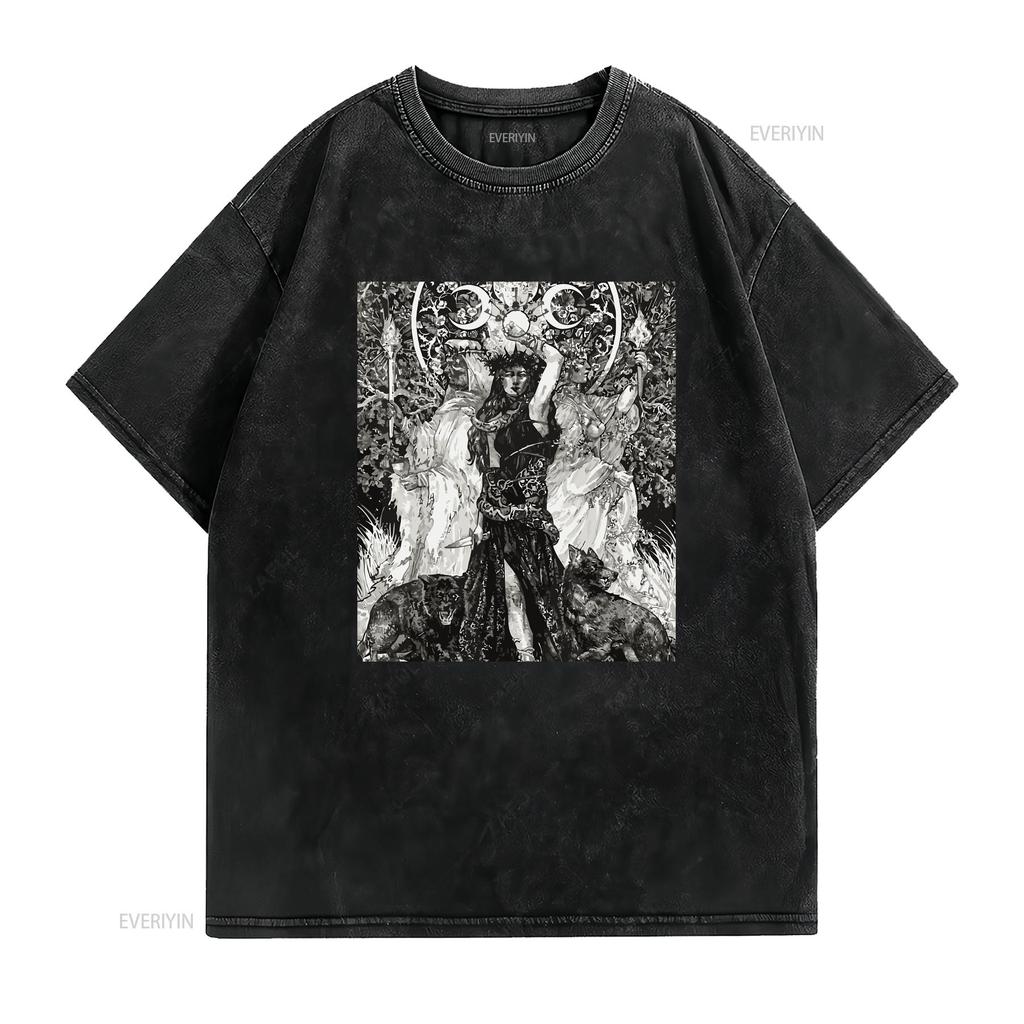 Die Göttin Hekate Tarotkarte Dreifache Wicca-Heidin Mondhexe T-Shirt vintage gewaschenes Oberteil für den Alltag Designer-Kleidung