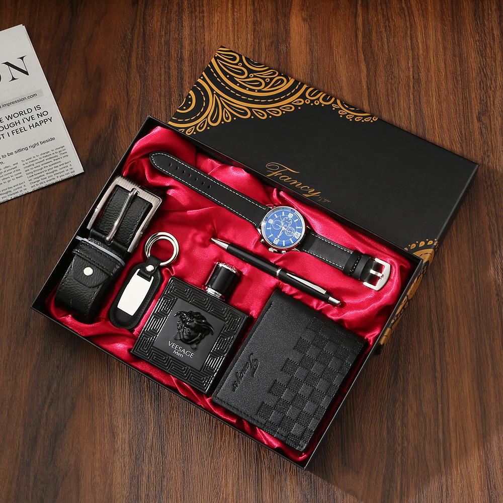 Premium Men's Souvenir Gift Set Custom Logo Leather Wallet Belt Watch Sunglasses 4-Piece Valentine Birthday Luxury Box