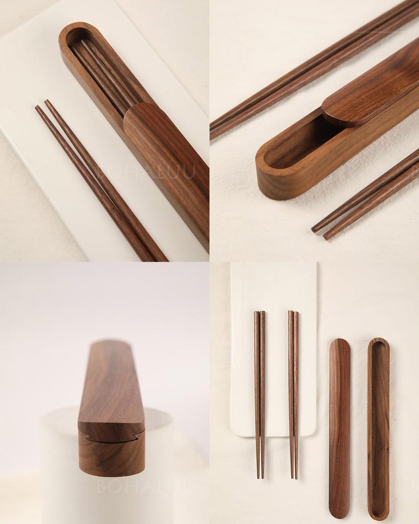 BOHALUU Chopstick Case Natural Walnut Chopstick Japanese with Walnut Wooden Portable Chopstick Case Portable Cutlery Set, Wood, Chopsticks, Holder,