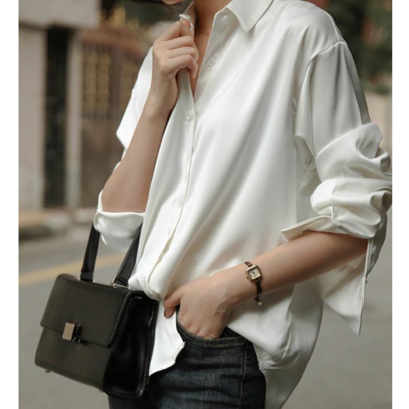 Women's Retro Hong Kong Style Loose White Satin Shirt