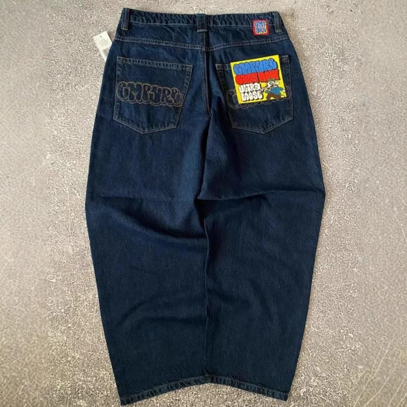 Mens Embroidered High-Waisted Straight Cut Denim Pants Loose Fit Skate Style Streetwear Casual Trousers