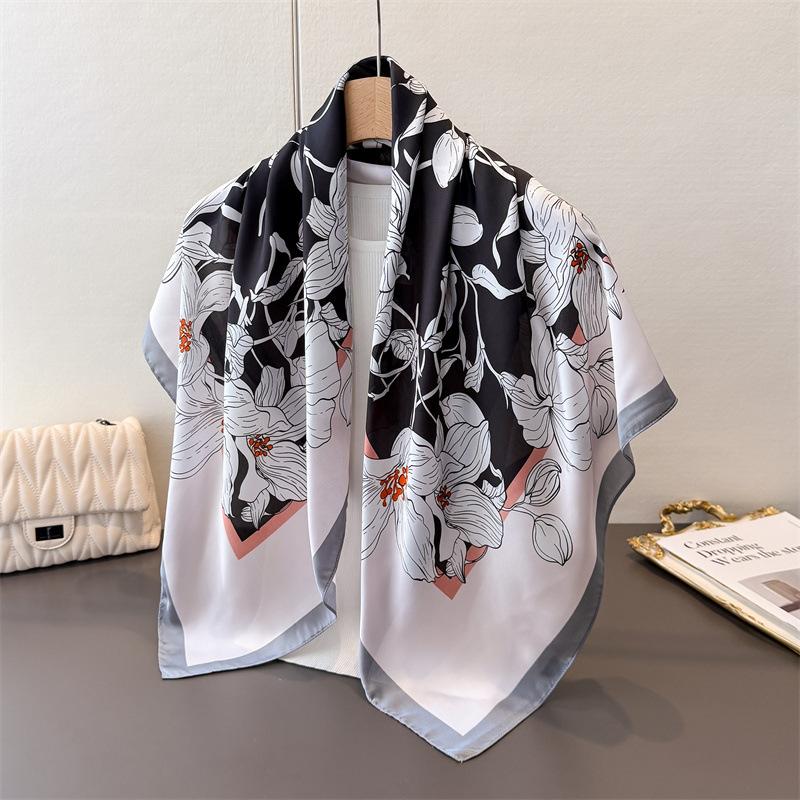 Spring And Autumn Flowers Simulation Silk High-End Printing Large Square Scarf Silk Scarf Shawl Head Scarf Neck Protection Scarf