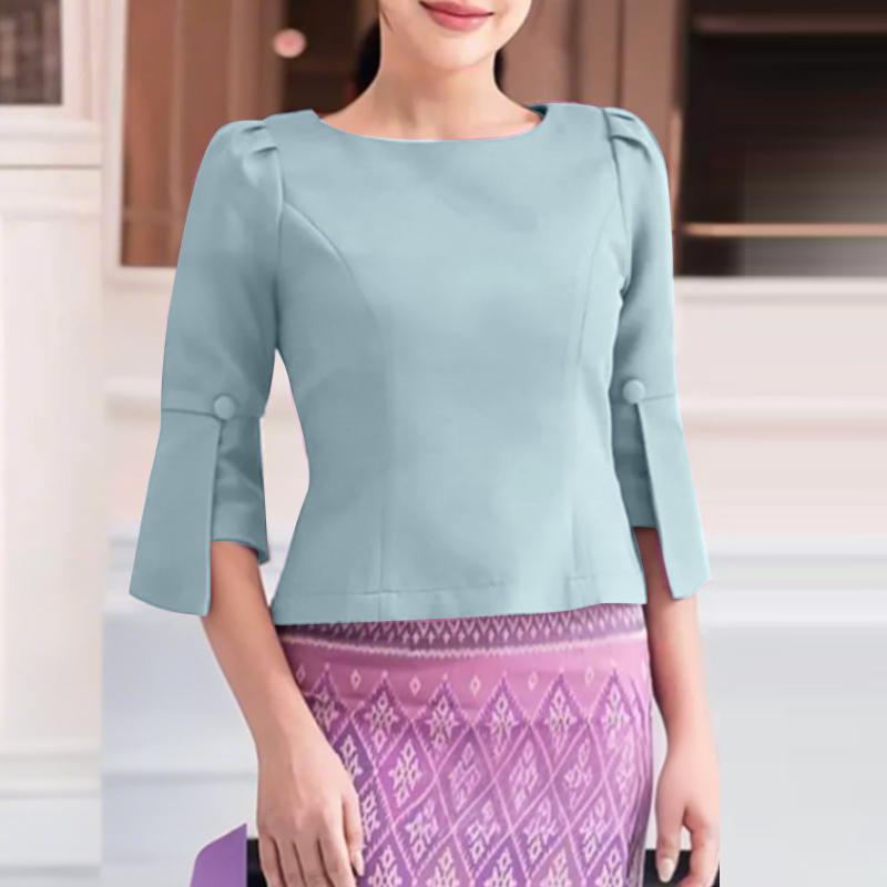 ZANZEA Women Casual Round Neck Split 3/4 Sleeve Summer Loose Blouse