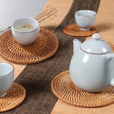 Natural Rattan Woven Placemat Round Table Mat Insulation Coasters Pot Coffee Placemats Pad Anti-Slip Table Mats Handicraft