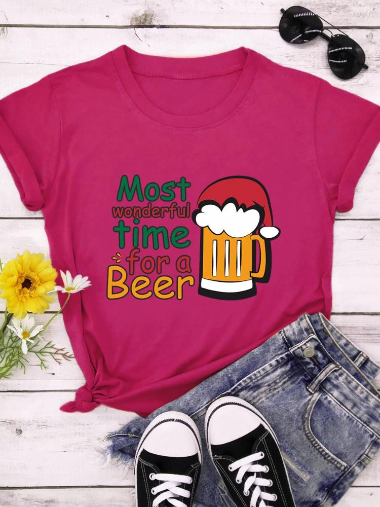 Christmas Best for A Beer Print T Shirt Women Short Sleeve O Neck Loose Tshirt Women Causal Tee Shirt Tops Camisetas Mujer
