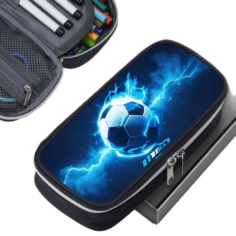 Blue Ice Football Flame Pen Case Boys Sporty Stationery Pouch Large Capacity School