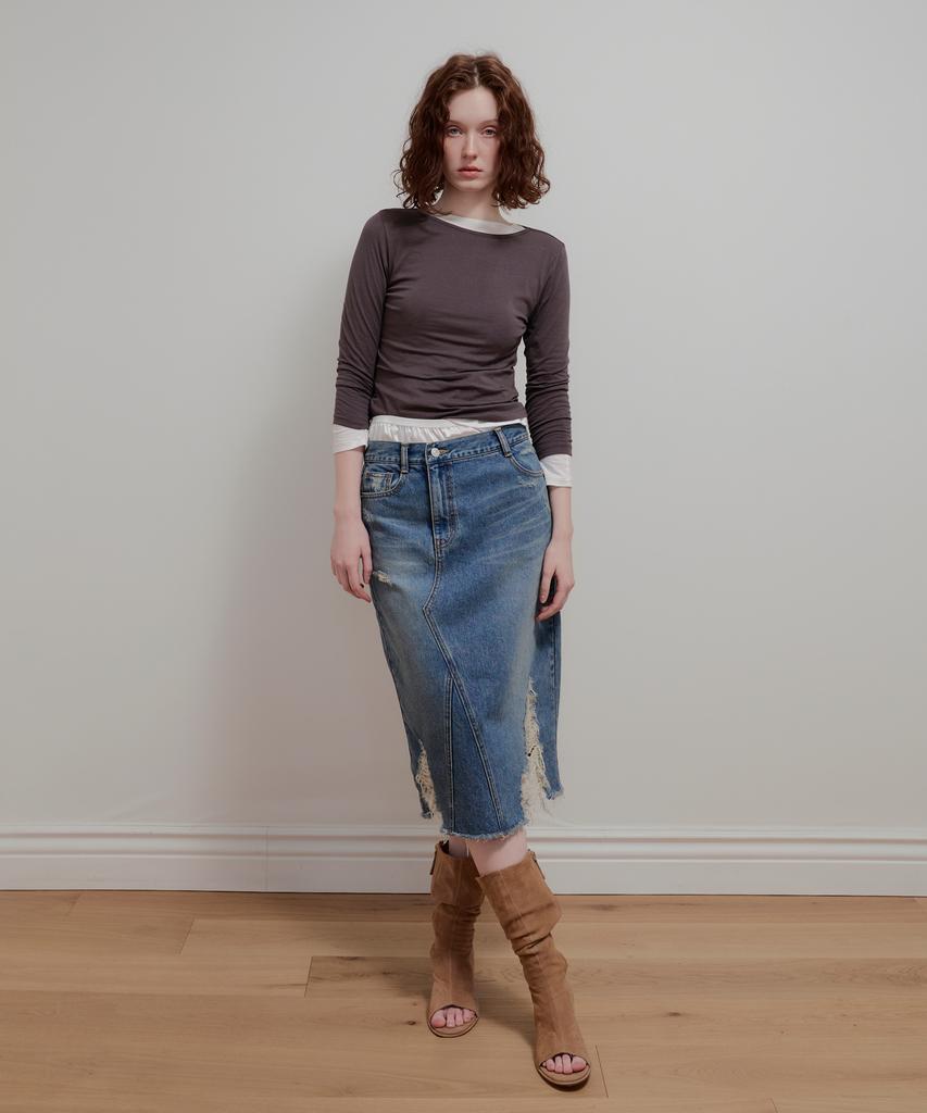Aobteu Vintage Washed Denim Skirt - Blue