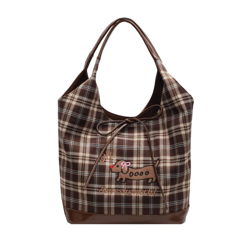 Large Capacity Women's New Cute Dachshund Dog Tote Bag Plaid Leisure Commuter Bag
