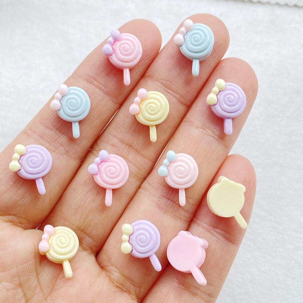 30Pcs New Cute Resin Cartoon Bow Shaped Lollipop Series Flat Back Manicure Parts Embellishments For Hair Bows Accessories
