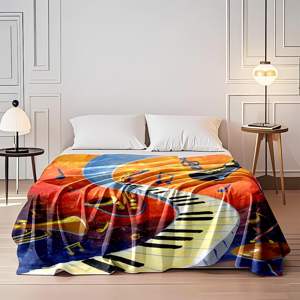 Curved Piano Keys Flowing Through a Colorful Backdrop of Musical Notes. for All Seasons Blanket Lunch Break Throw Gift