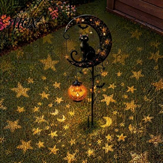 Halloween Pathway Stakes for Walkways Solar Garden Stake Light, Metal Black Cat & Pumpkin Moon Waterproof Crescent Lights Decorations Lawn Patio Yard