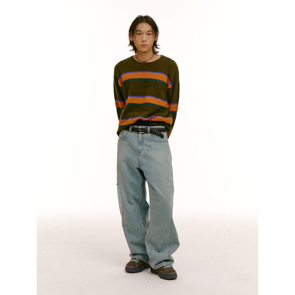 Saendeusaundeu (Unisex) Wool Blend Striped Pullover Sweater Khaki