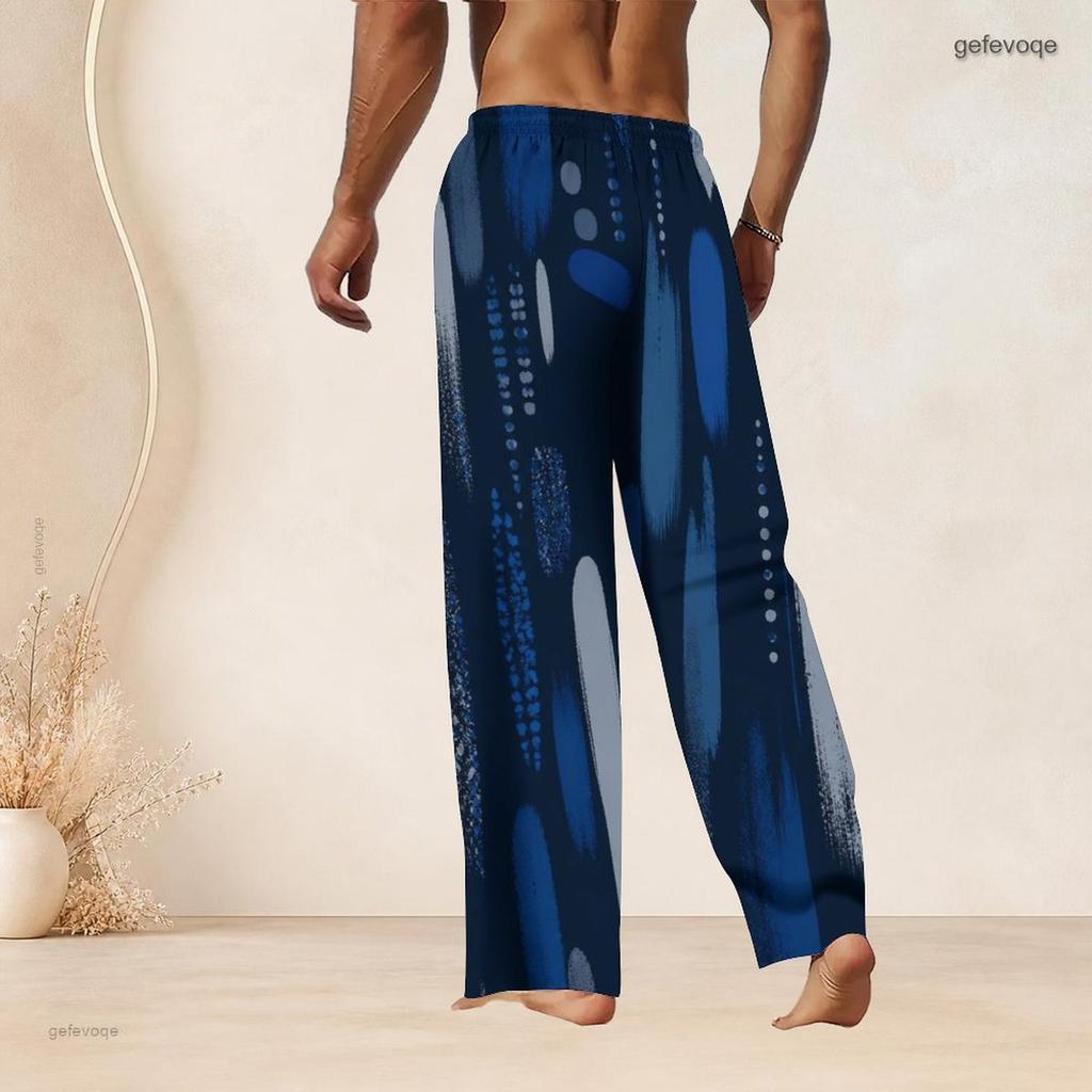 Men S Plus Size Blue Black Ink Splash Printed Drawstring Waist Straight Leg Full Length Beach Pants