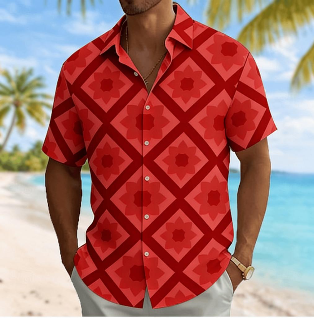 Men's Diamond Plaid Floral Print Short Sleeve Shirt, Spring Summer Casual Vacation Turn-Down Collar Blouse, Loose Fit Top