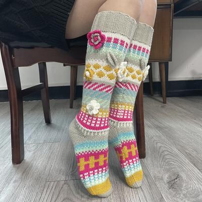 Yousheng Retro Knitted Knee Socks Women Crochet Knee High Socks with 3D Flowers Warm Colorful Socks Leg Warmers for Girls Boots Indoor Street Wear