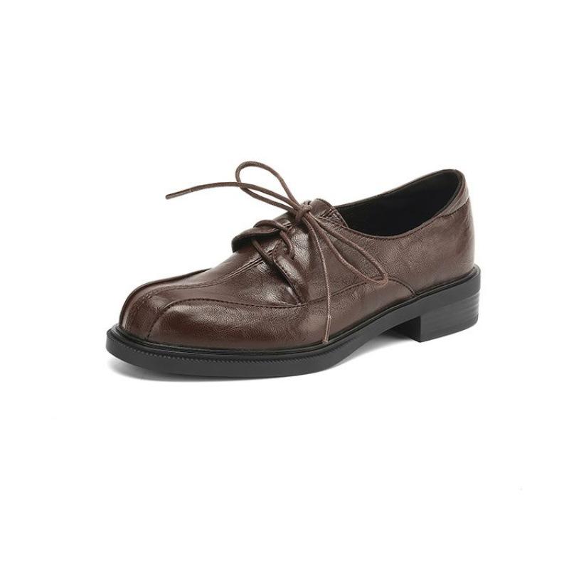 New Women's Low-heeled Single Shoes Lace-up Flat-heeled Round Head Black Small Leather Shoes Comfortable Thick-soled Non-slip Four-season Women's Sing