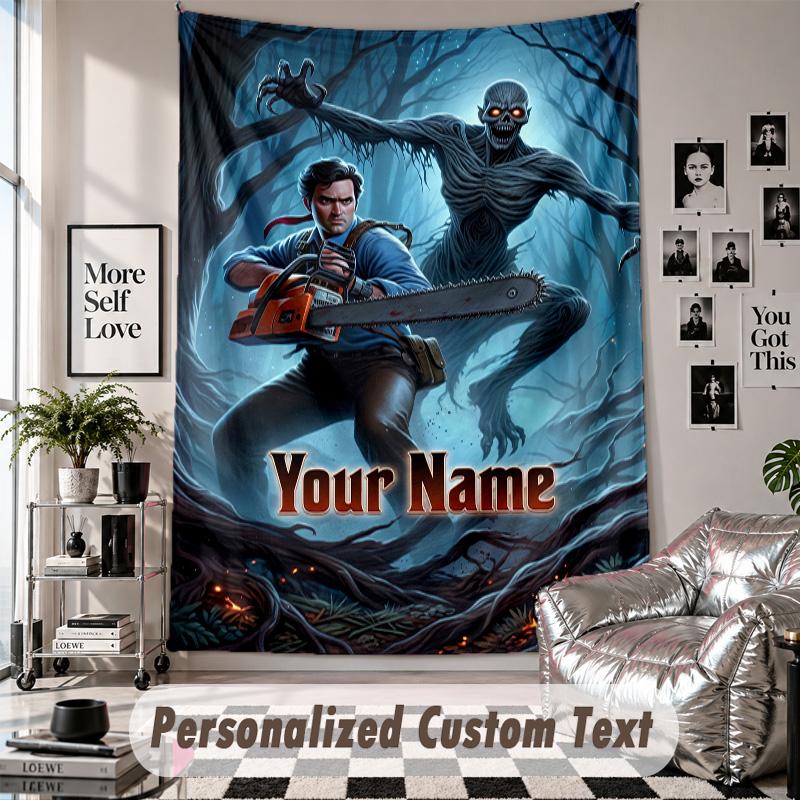 Custom Tapestry Wall Hanging, Evil Dead Ash Williams Personalized Name Text Home Wall Decor