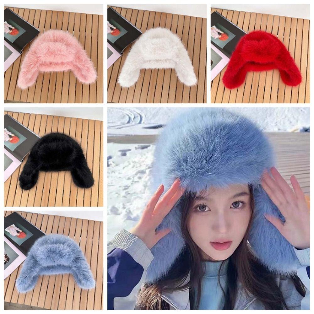 Anti-cold Faux Fur Pilot Cap Solid Color Ear Protection Hat Gifts Men Women Pilot Hat  Women