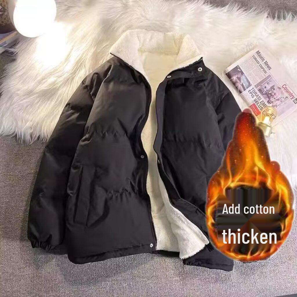 Jugend-Lammwolle-Baumwolljacke: Mit Fleece gefüttert, Stehkragen, Verdickter Wintermantel, Lässige Partner-Mode Oberbekleidung.