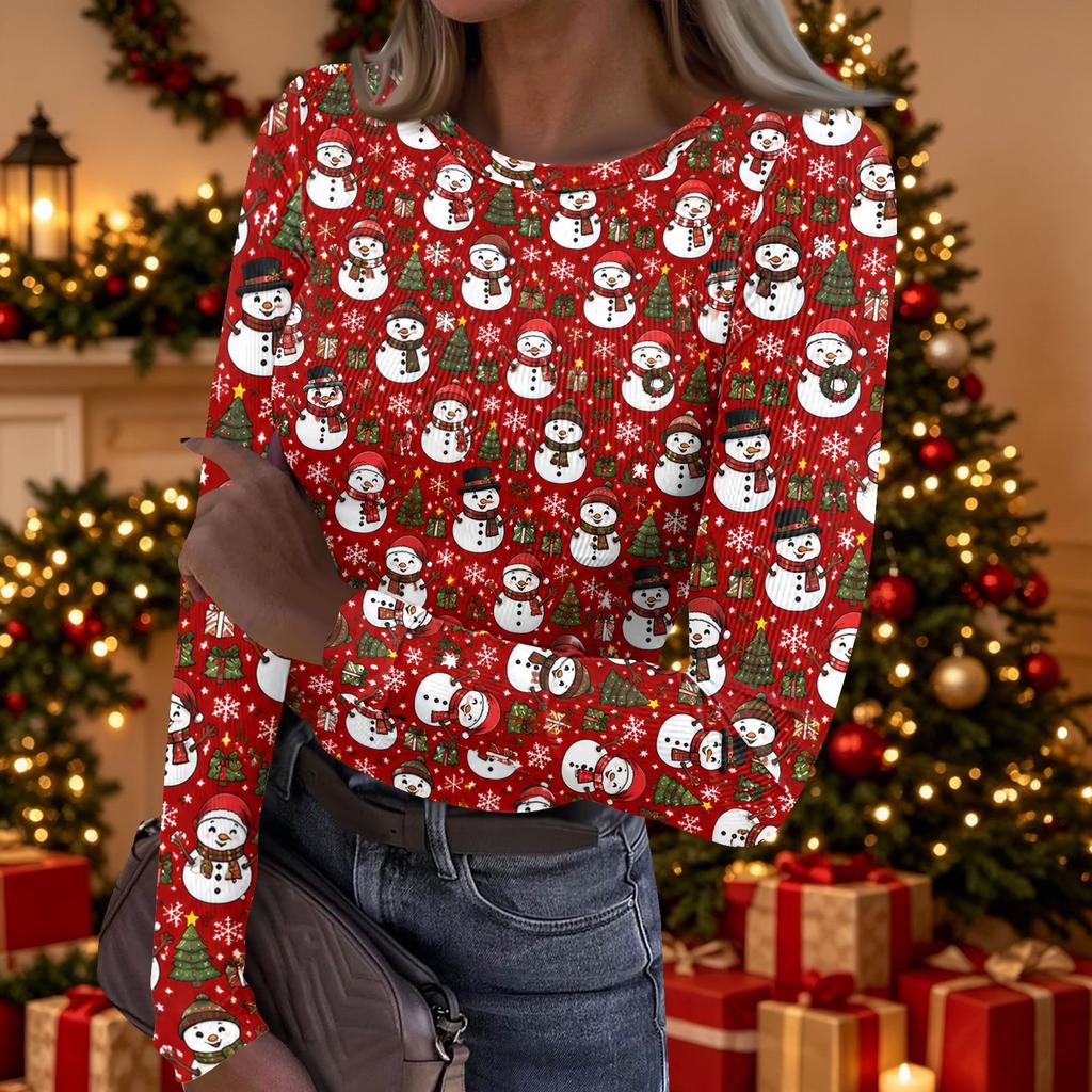 Women's Casual Christmas Print Long Sleeve Top for Holiday Party and Everyday Wear